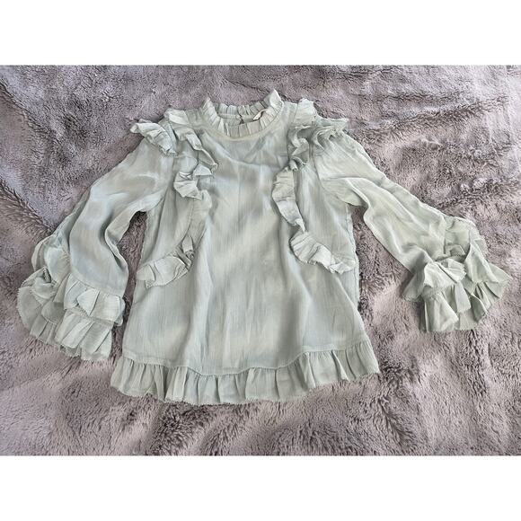 H & M Ruffled 3/4 Sleeve Chiffon Blouse Top Size 2 Green - Picture 1 of 10